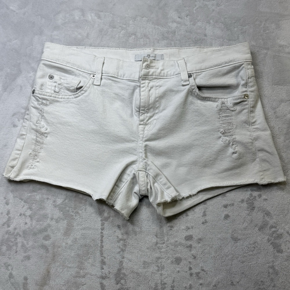 7 For All Mankind‎ White Denim Shorts Womens 28 Distressed Raw Hem 3.5